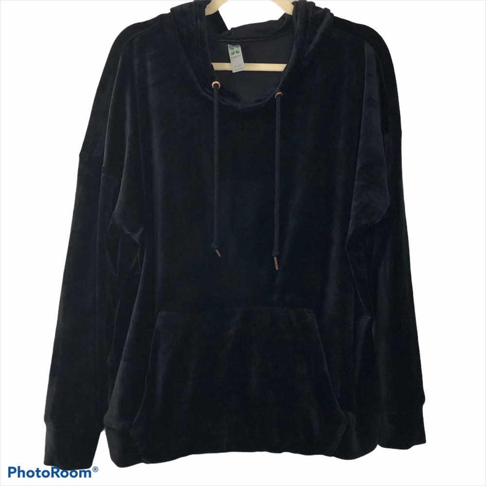 Green Tea Black Velour Hooded Pullover Top